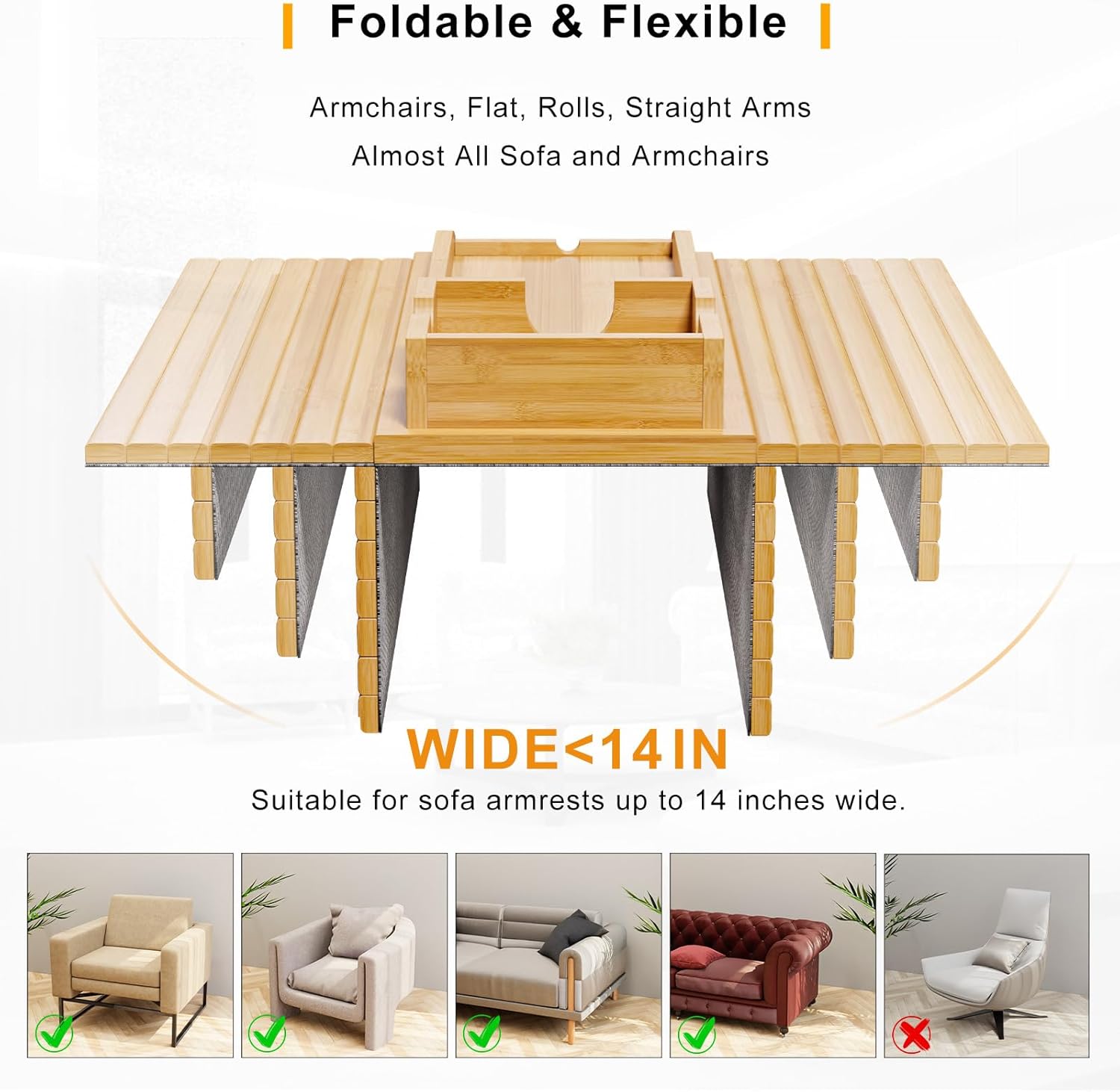 Bamboo Sofa Armrest Tray - Couch Arm Tray with Detachable Couch Cup Holder - 2 in 1 Anti-Slip Foldable Sofa Armchair Caddy Table for Drinks Cellphone TV Remote Snacks