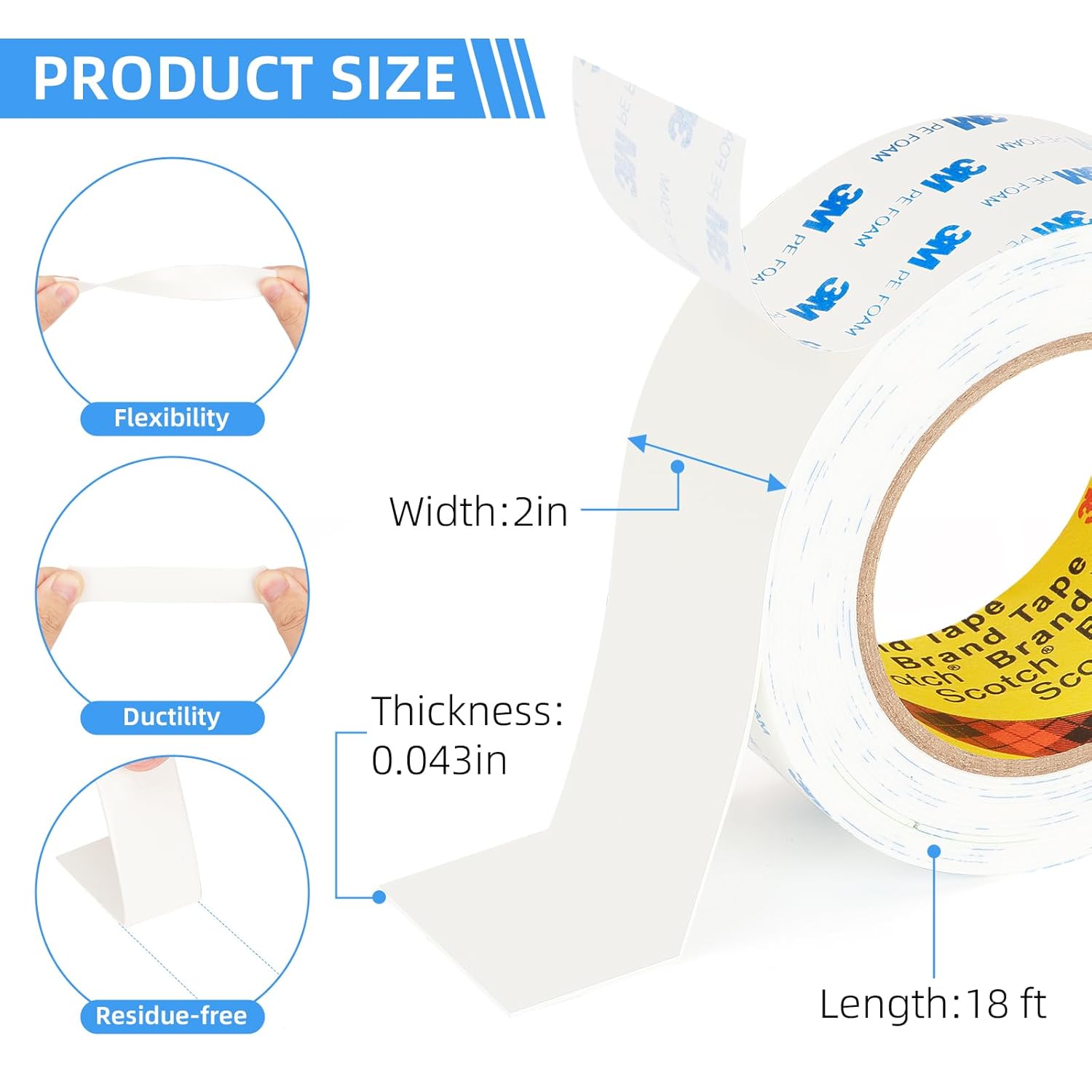 3M 1600T Double Sided Tape, PE Foam Tape 2" x 18 Ft White Removable Strong Adhesive No Residue for RV Picture Hanging, Posters Frames Wall Decor Indoor & Outdoor Use(2 Pack)