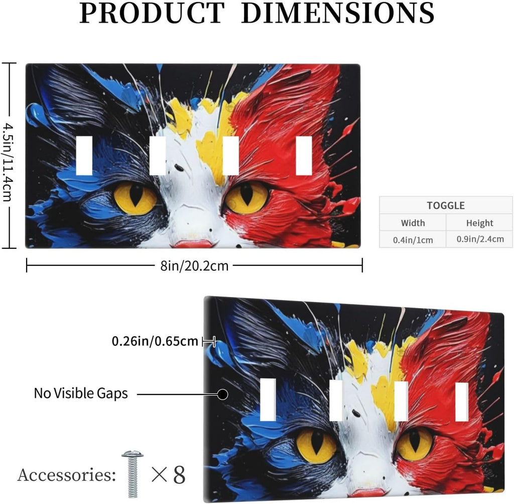 Decorative Light Switch Cover Plate Colorful Doodle Cute Funny Black Red White Cat 4 Gang Wall Plate Oversized Quad Toggle Switch Cover Plate Jumbo Faceplate