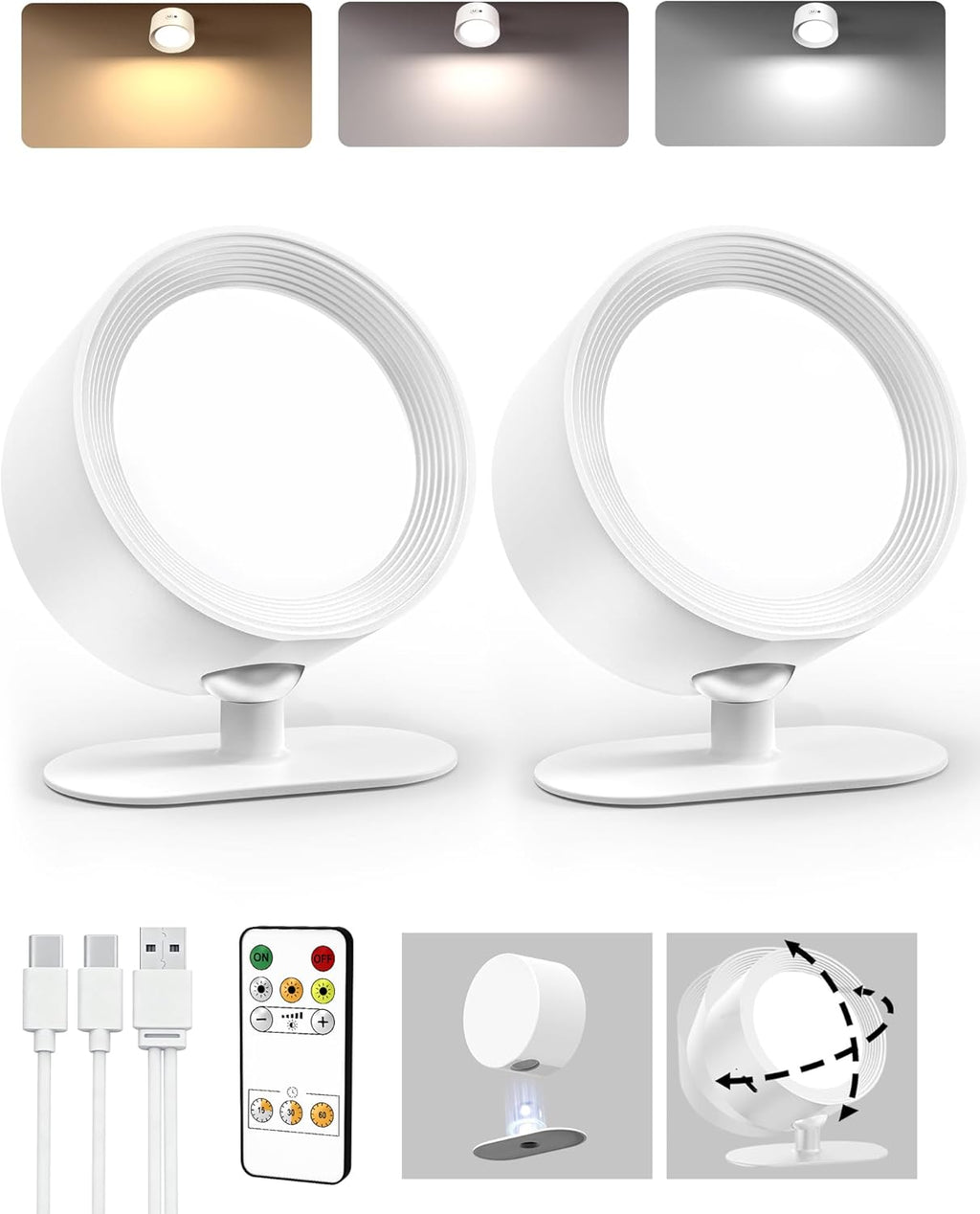 LED Wall Mounted Lights, Rechargeable Wall Sconces Lamp, 3 Color Temps & Remote and Touch, 360°Rotation Dimmable Cordless Wall Light for Study Bedroom Reading Bedside(White, 2 Pack)