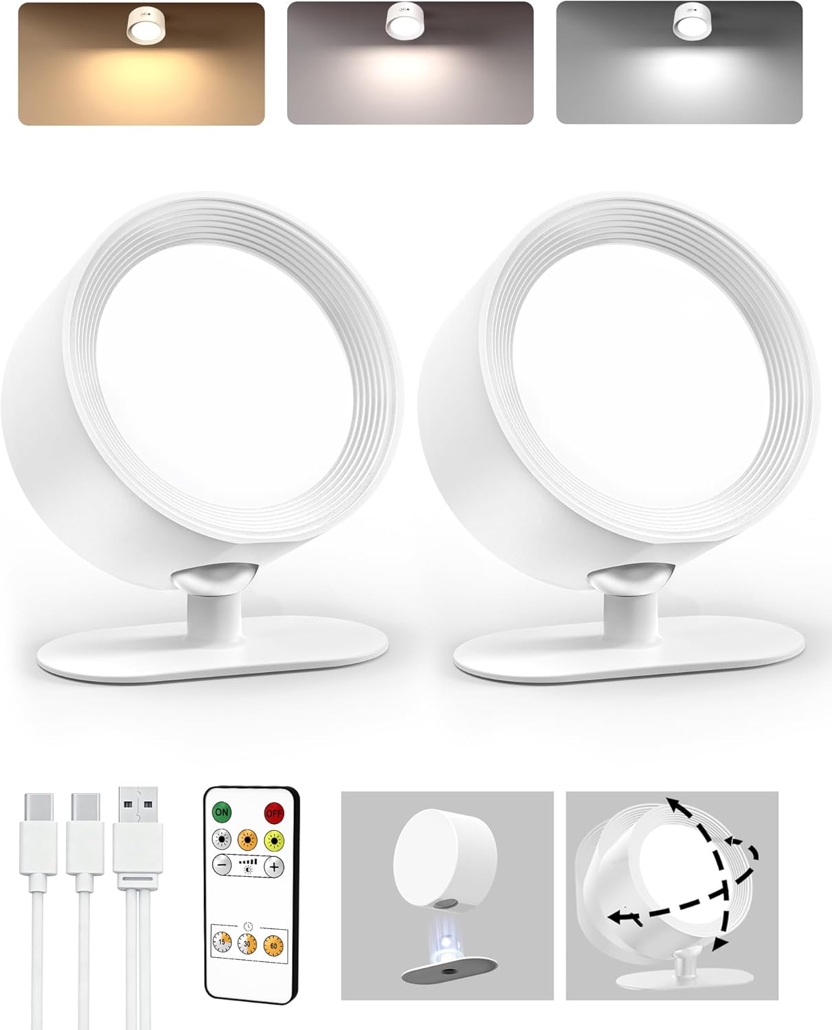 LED Wall Mounted Lights, Rechargeable Wall Sconces Lamp, 3 Color Temps & Remote and Touch, 360°Rotation Dimmable Cordless Wall Light for Study Bedroom Reading Bedside(White, 2 Pack)