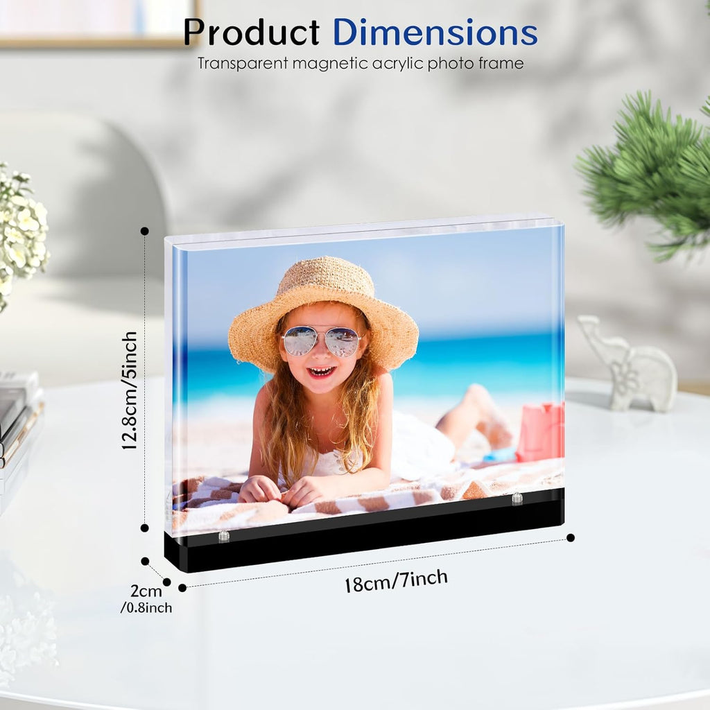 Magnetic Acrylic Picture Frames – Thick Double-Sided Clear Display, Black Base Decorative 5x7 Photo Frame for Home & Office Desktop (3-Pack, Horizontal)