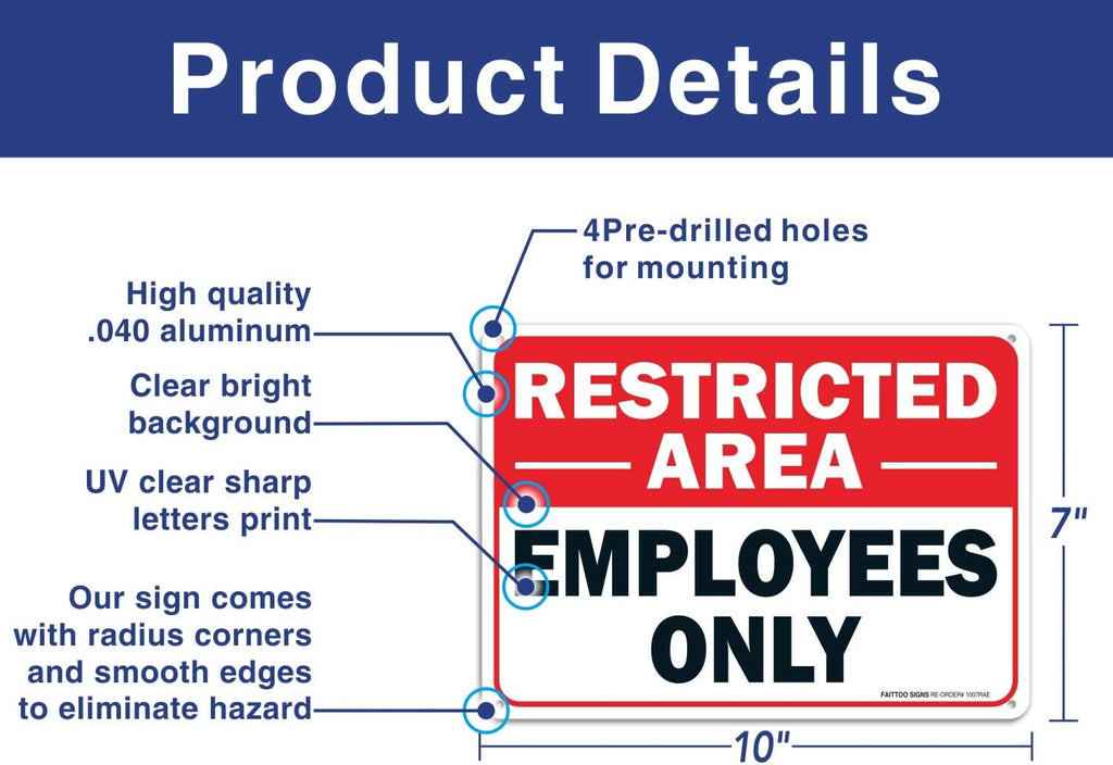 (2 pack) Faittoo Restricted Area Employees Only Sign, 10 x 7 Inches .40 Rust Free Aluminum, UV Protected, Weather Resistant, Waterproof, Durable Ink，Easy to Mount