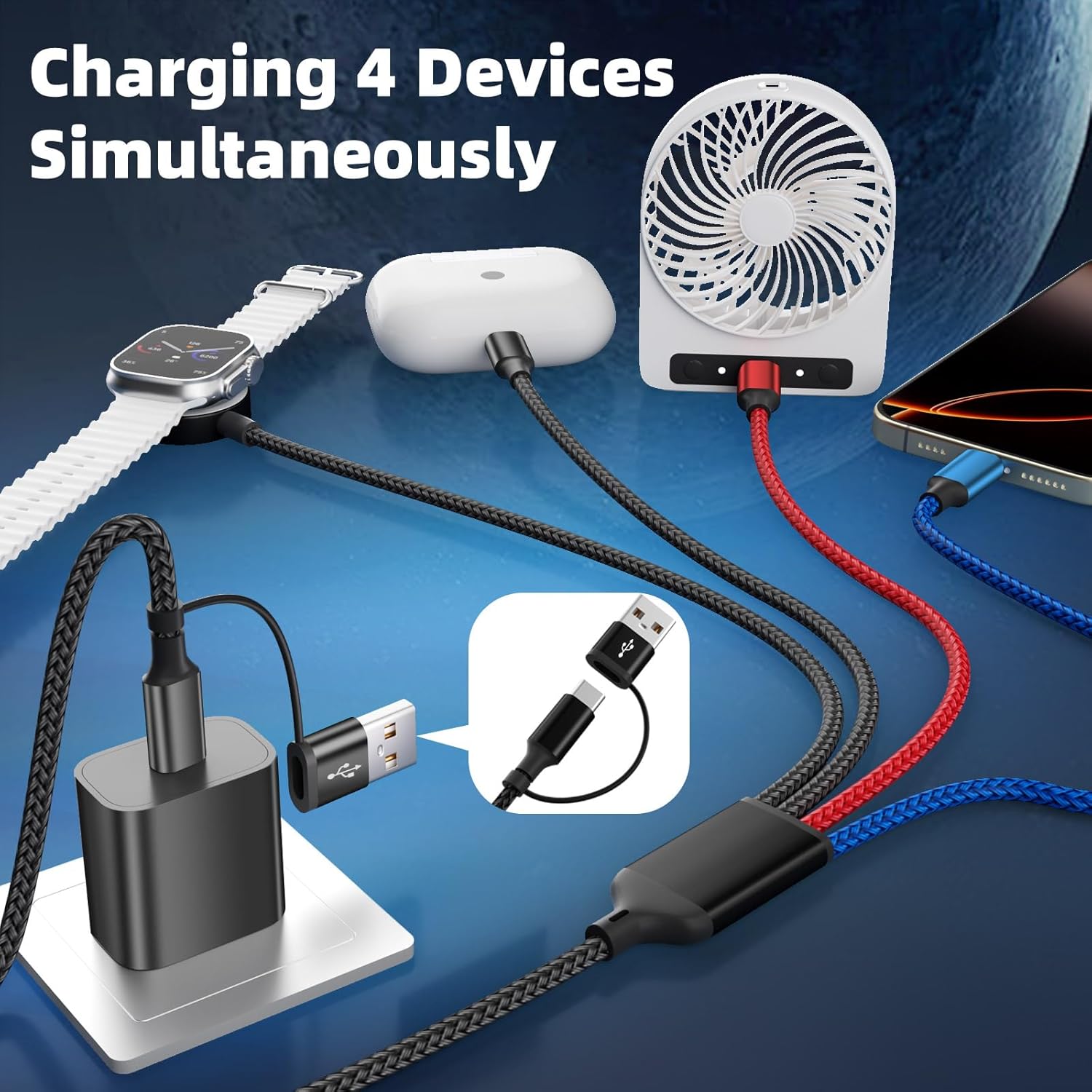 Dual Type-C Port 4 in 2 USB C Cable for Apple iWatch Charger/iPhone 17, Travel Charger Multi Charging Cable Cord for iWatch Ultra/SE/10-1, iPhone16-8, iPad, Android, Car, Cruise Essentials - 1Pc 5FT
