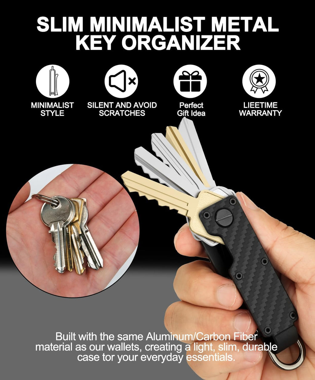 Mens Key Organizer - Compact Metallic Key Holder | Minimalist Innovative Keyholder | Smart Keychain Secures 1-5 Keys