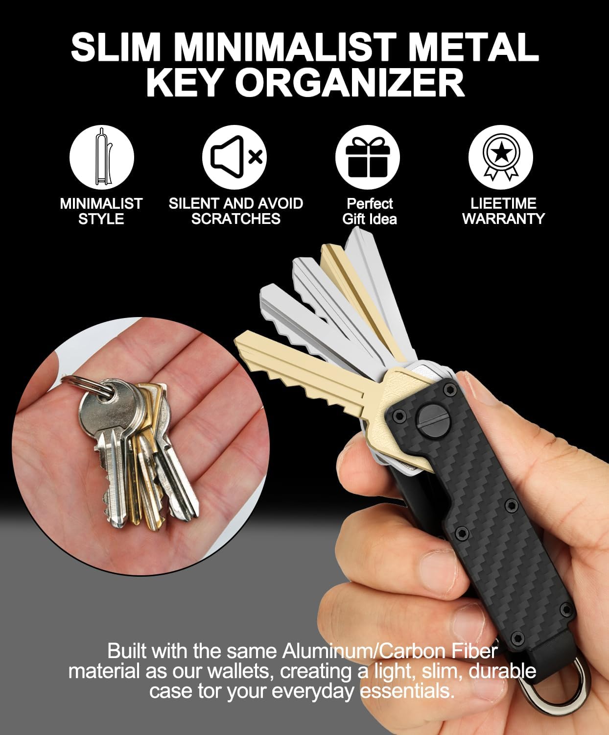 Mens Key Organizer - Compact Metallic Key Holder | Minimalist Innovative Keyholder | Smart Keychain Secures 1-5 Keys