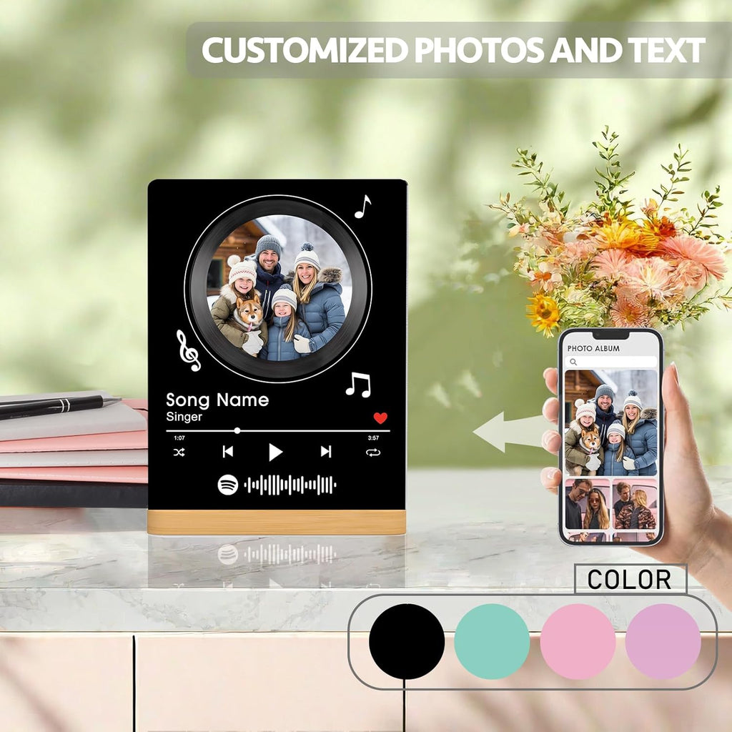 Custom Photo Prints - Metal Desktop Picture Frame with Photos & Spotify Song Plaque & Wooden Base Personalized Gifts for Family Friends and Lovers, Optional Multiple Sizes