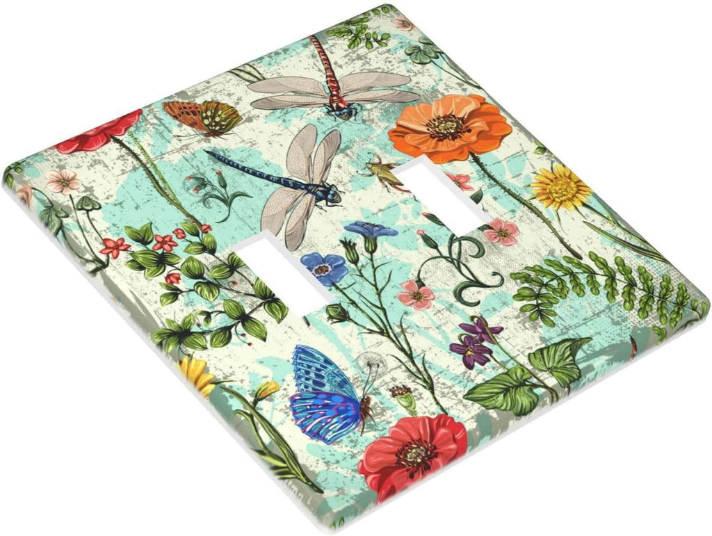 Dragonflies Flowers Butterfly 2 Gang Double Toggle Outlet Light Switch Cover Decorative Wall Plate Cover For Home Living Bedroom Kitchen Decorative