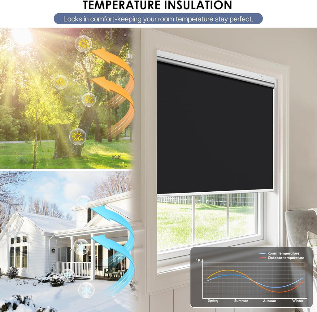 Motorized Roller Blinds with Remote Control & Solar Panel - 100% Blackout Smart Blinds, Automatic, Cordless, Electric Shades - Compatible with Alexa - Black, 46" W x 72" H