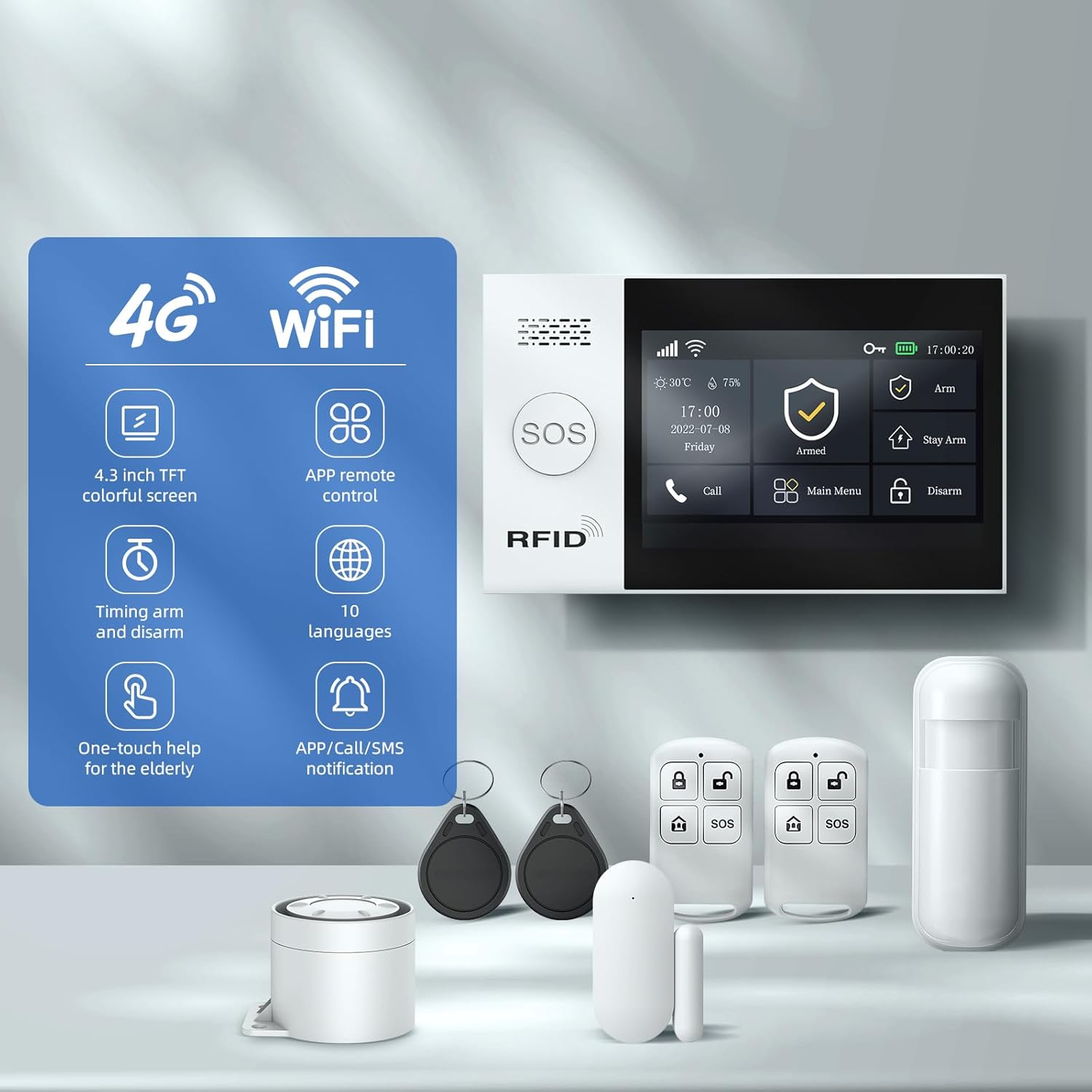 LWOHSI Alarm Systems with 4.3" Large Fulltouch Screen,4G SMS/Tuya APP Alert,Wireless Home Security Alarm Kits,Door Alarm Sensors,120db Siren,Remote,Work with Alexa and Google for Villa,Apartment