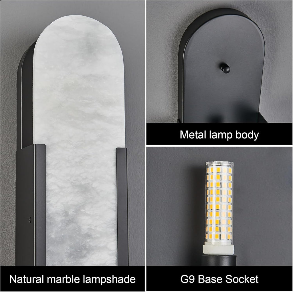 Alabaster Wall Sconces Set of Two, Modern Natural Marble Wall Sconces for Indoor Lighting, 19.7 in Black Wall Lights for Bathroom Dining Room Stairs Bedroom