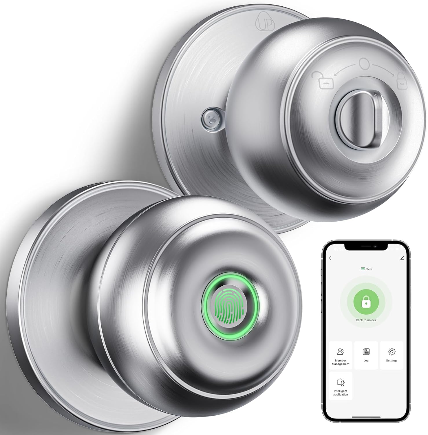 GeekTale Fingerprint Door Lock for Bedrooms, Fingerprint Door Knob with Lock, Smart Door Lock, App Control, Back-up Keys, Thumbprint Door Knob for Bedrooms, Office, Apartment