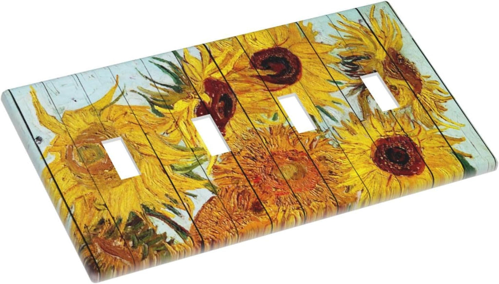 Light Switch Covers Sunflowers Oil Paintings Wood Floral Quad Toggle Electrical Faceplate 4 Gang Wall Plate Decorative Switch Plates For Farmhouse Bed Room Decor