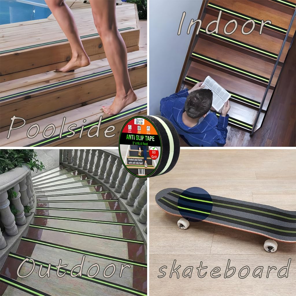 Glow in The Dark Anti Slip Tape for Stairs 2 Pack Safety Grip Strips 2in x 16.4ft Waterproof Non Skid Traction Tape for Indoor & Outdoor Steps Black with Bright Green Walk Caution Tape