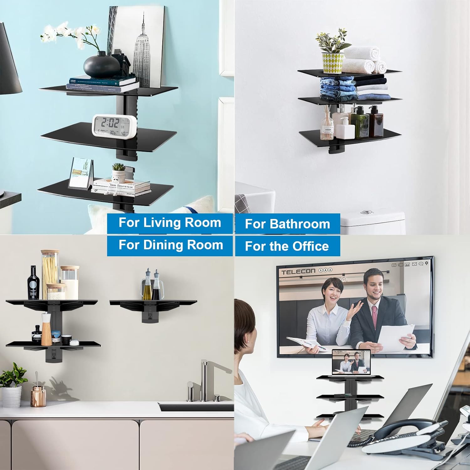 suptek 3 Floating Shelf Wall Bracket with Strengthened Tempered Glass for DVD Players/Cable Boxes/Games Consoles/TV Accessories, 3 Shelves, Black, CS303