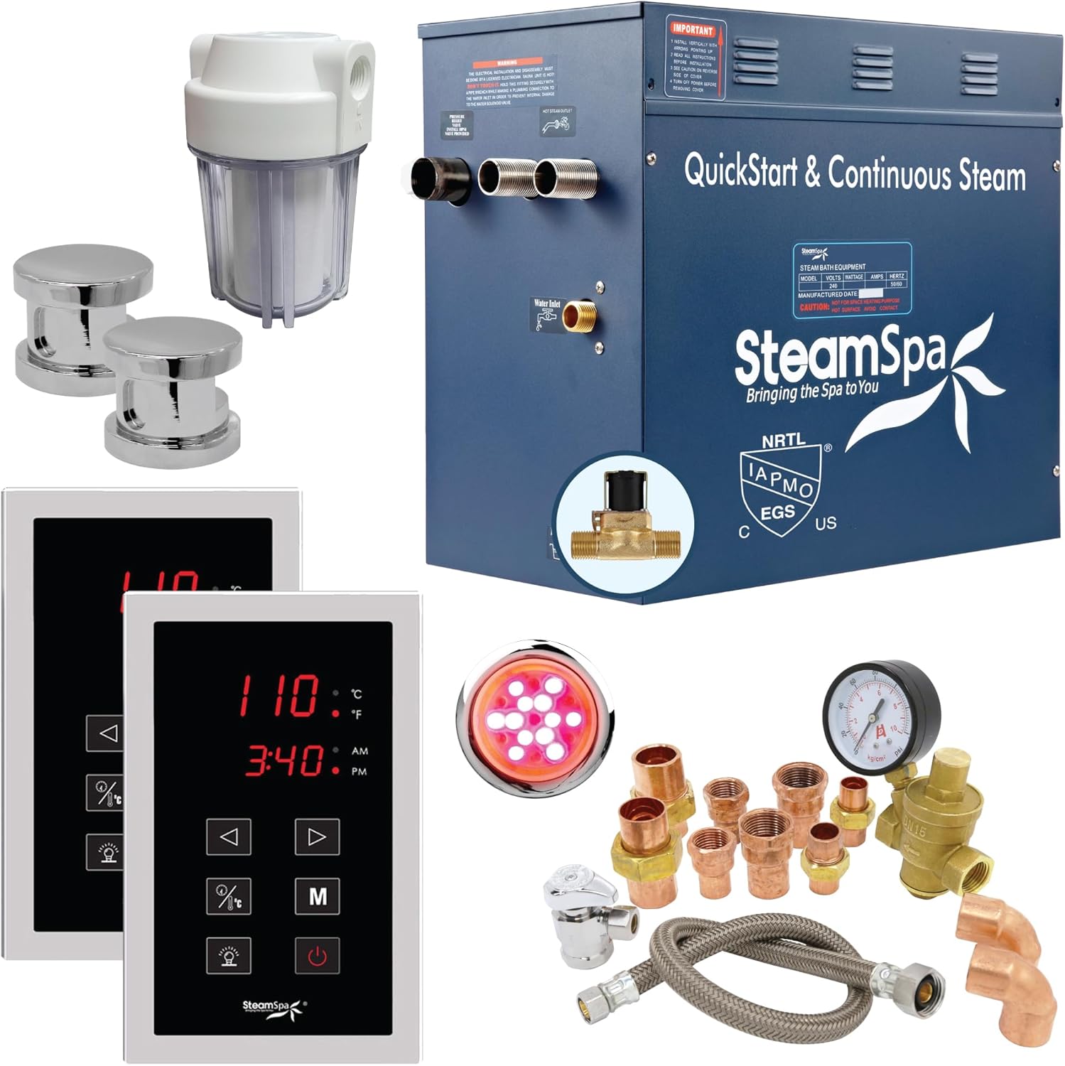 SteamSpa Executive 12KW QuickStart ACU-Steam Bath Generator Package with Built-in Auto Drain in Polished Chrome | Steam Generator Kit with Dual Control Panel Steamheads 240V | SS-EXT1200CH-A