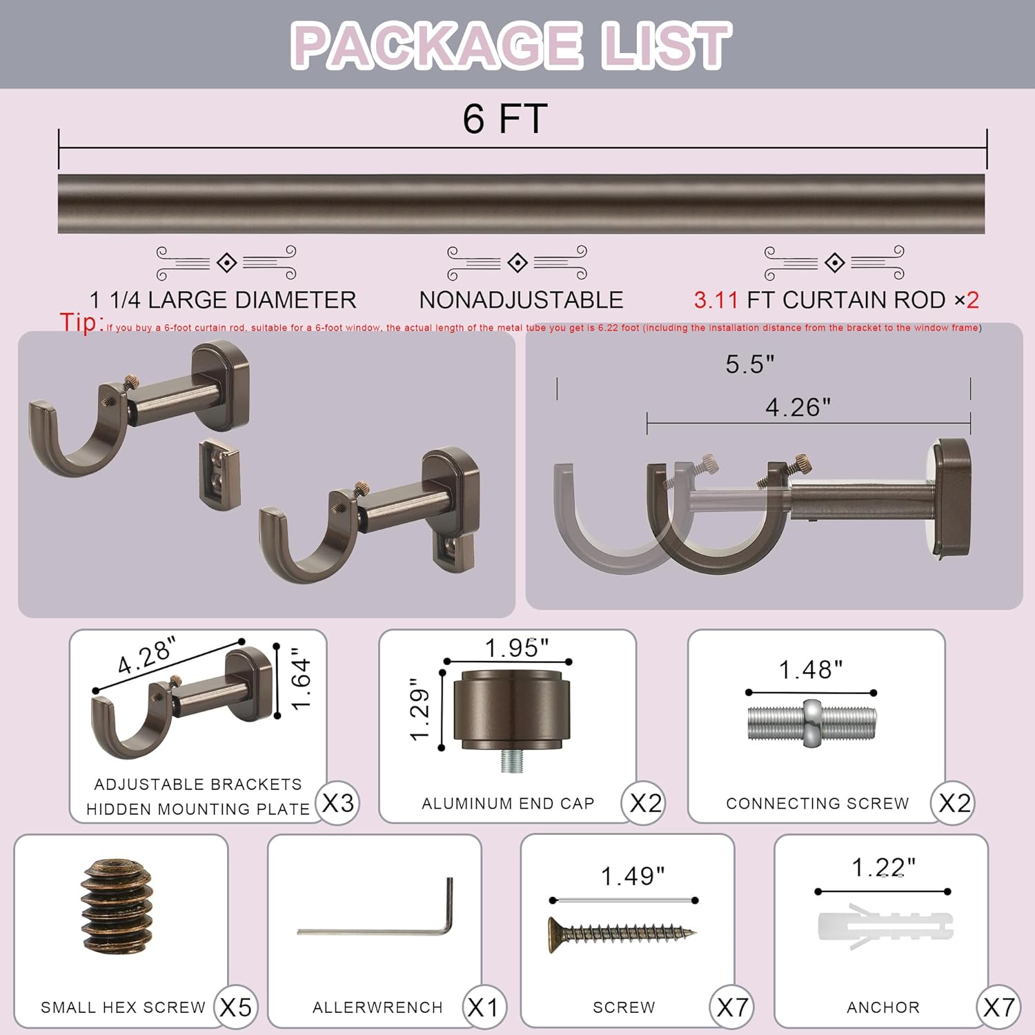Heavy Duty Curtain Rods,1 1/4" Large Diameter Premium Nonadjustable Curtain Rod,72in/6ft Custom Window Treatment Rods with Durable Aluminum Brackets and End Caps,Dark Bronze Finish