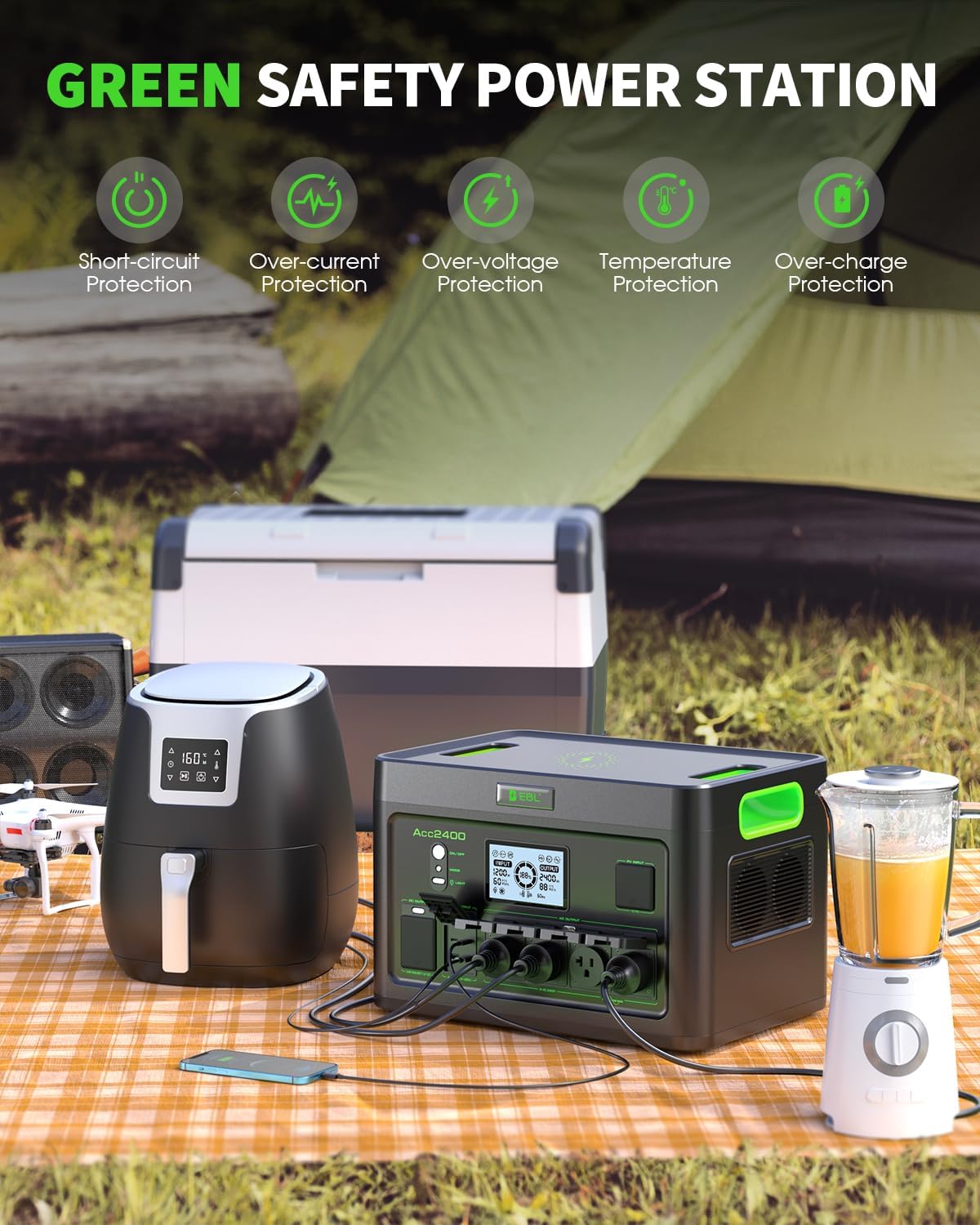 2400W Portable Power Station EBL, 1843Wh LiFePO4 Solar Generator with 4 AC Outlets, Fast AC Charging, 100W USB-C PD Output, 11 Ports for Home Backup, RV Camping & Emergency Power Outages (Peak 4800W)