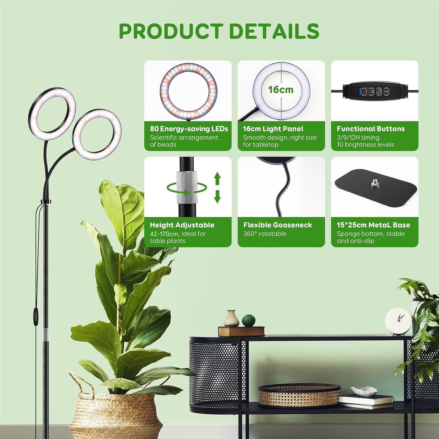 Dual Head Grow Light for Indoor Plants Full Spectrum Plant Light with 16.5"-68" for Growing Large Tall Plants Equipment with 3/9/12-hour Automatic Timers 3 Light Modes 10 Dimmable Levels