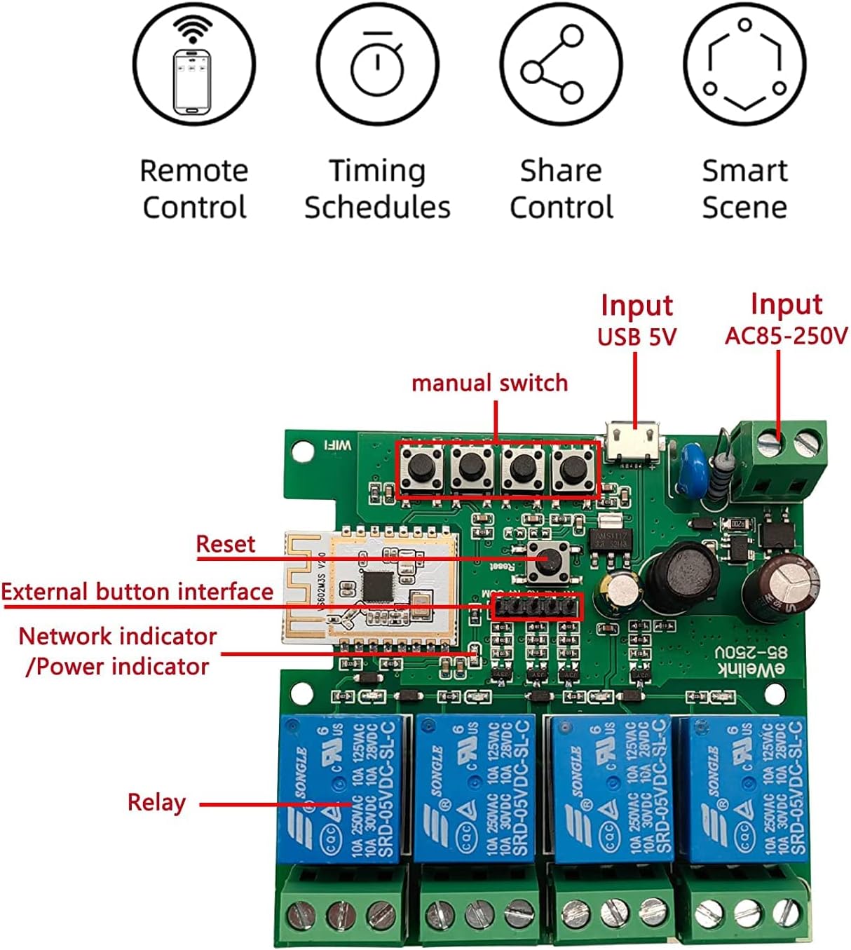 4 Channel Smart WiFi Relay Switching Module USB 5V/AC85V-250V, Supports Bluetooth Control, eWeLink App Remote Control, for Alexa Google Home