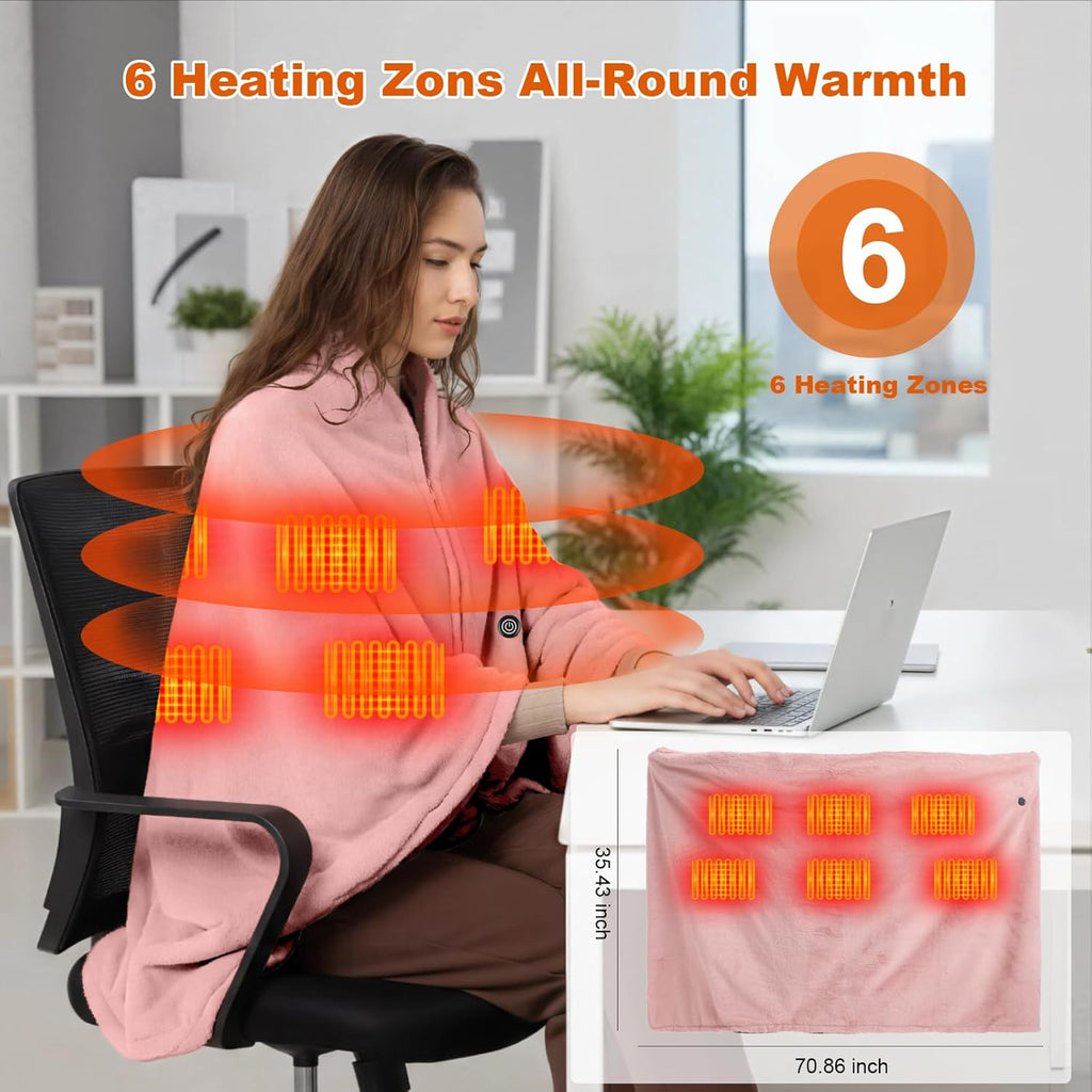 Graphene Heated Blanket Battery Operated, 20000mAh Battery 7.4V Fast Heating Blanket Portable Heated Shawl, Cordless Rechargeable Heated Shawl 3 Temperature Settings, Gift for Women (Pink)