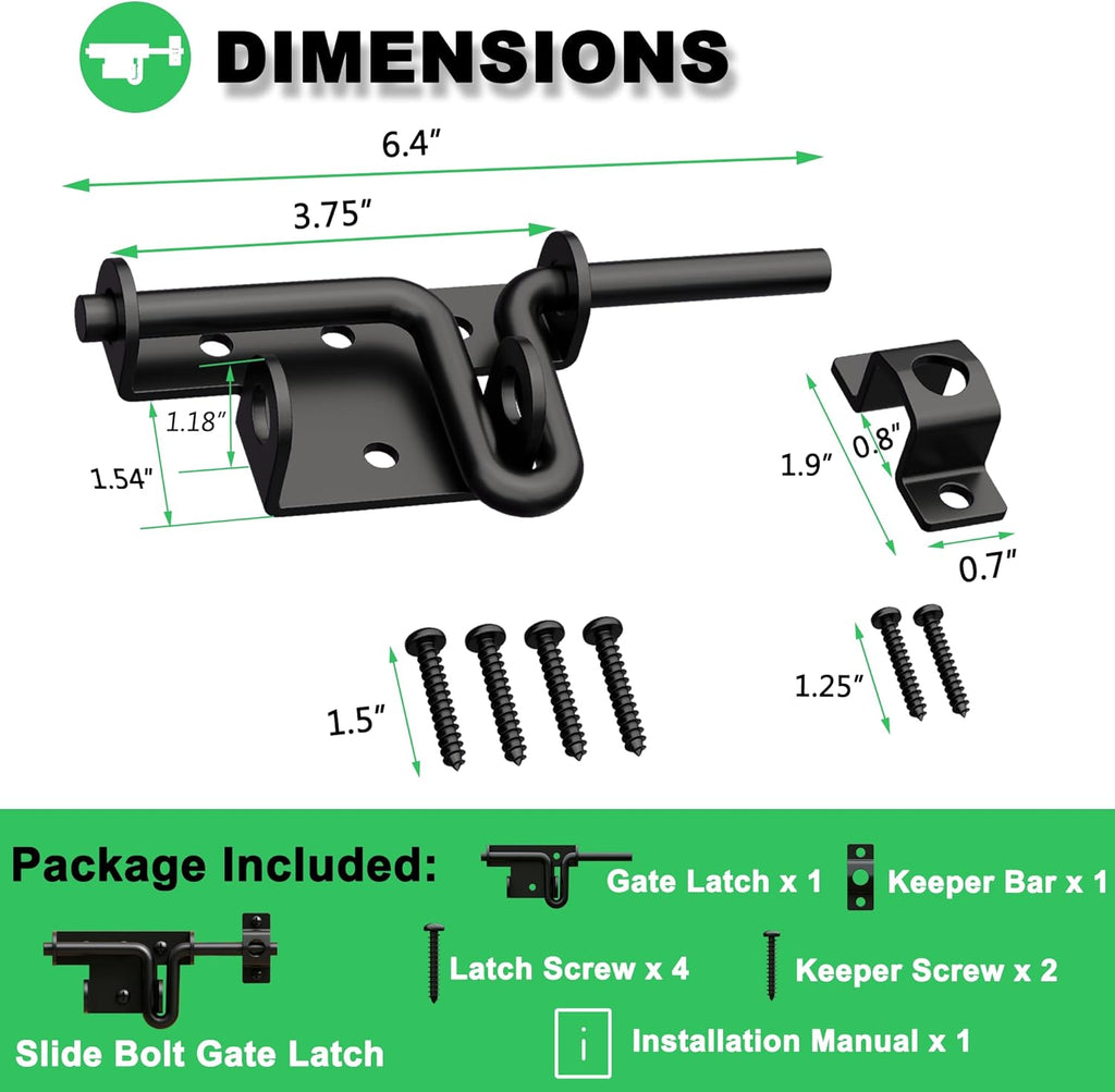 Heavy Duty Slide Bolt Gate Latch for Wooden Fence, 2 Way Barn Door Latch with Padlock Hole, Offset and Flush Mounted Gate Latch for Outdoor Gates/Yard Fence/Shed Door, Black, 1 Pack