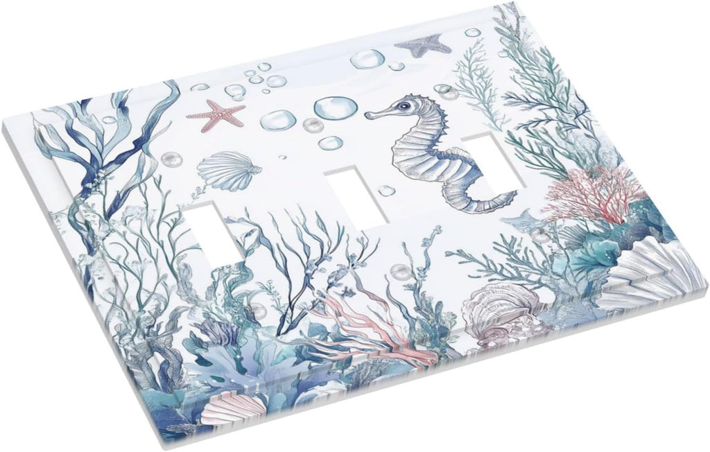 Decorative Switch Plates Ocean Coral Seahorse Seashell Starfish 3 Gang Wall Plate Triple Toggle Light Switch Cover Faceplate Electrical Wall Panels For Bathroom Home Decor