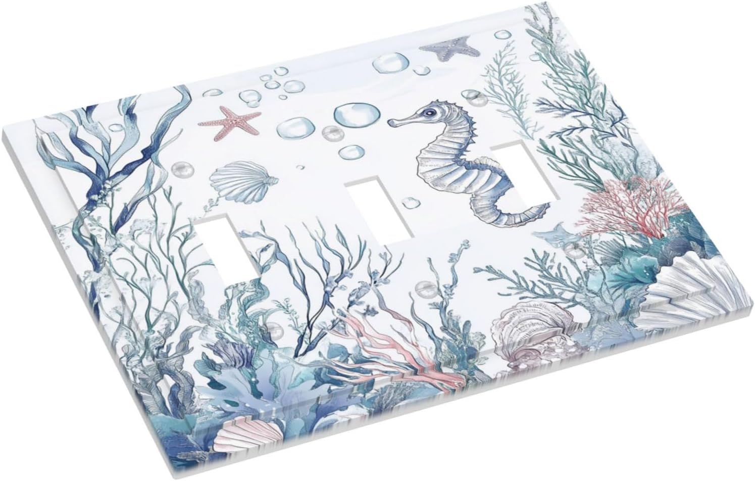 Decorative Switch Plates Ocean Coral Seahorse Seashell Starfish 3 Gang Wall Plate Triple Toggle Light Switch Cover Faceplate Electrical Wall Panels For Bathroom Home Decor