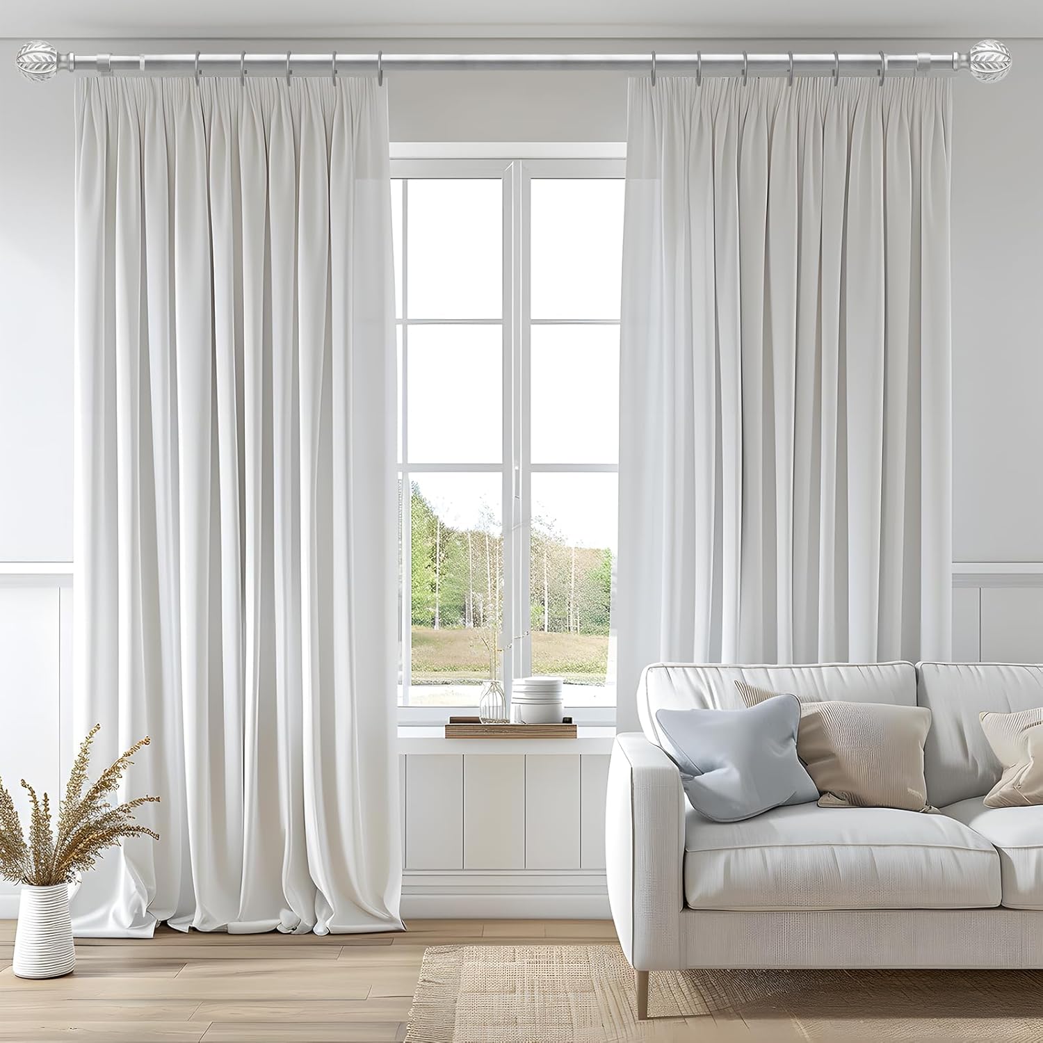 Silver Curtain Rods for Windows 72 to 144 inch,1" Adjustable Heavy Duty Window Curtain Rod Leaf Finials,Rustic Decorative Drapery Rods Set,Size:36-150''
