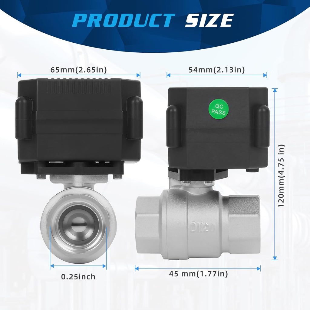1/4" Motorized Ball Valve - 9-24V AC/DC Automatic Ball Valve,2 Wire Auto Return Electric Water Valve with Full Port,Stainless Steel