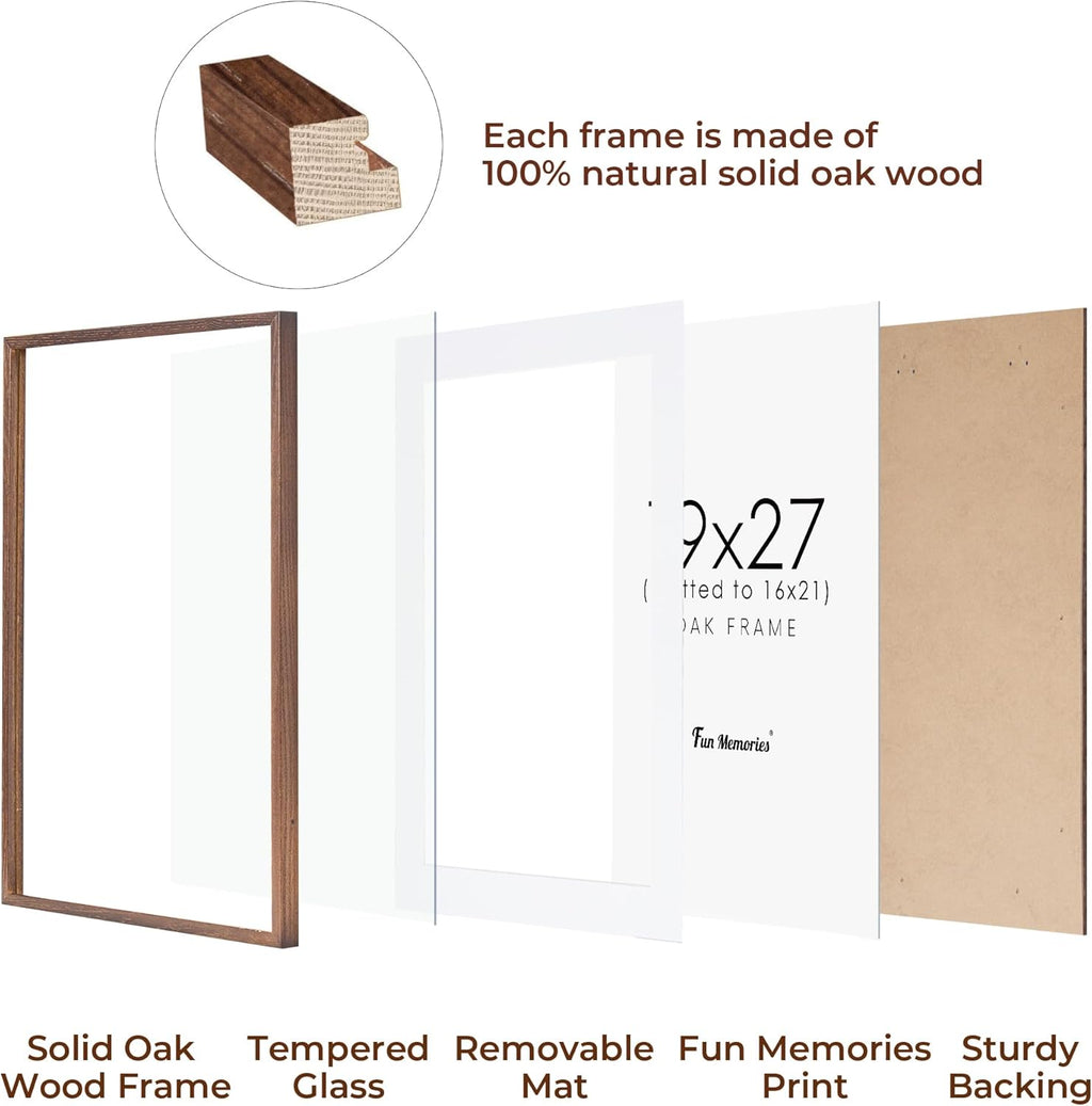 Solid Oak Wood Frame - 19x27, Matted to 16x21, Real Glass, Walnut Color, 1 Pack
