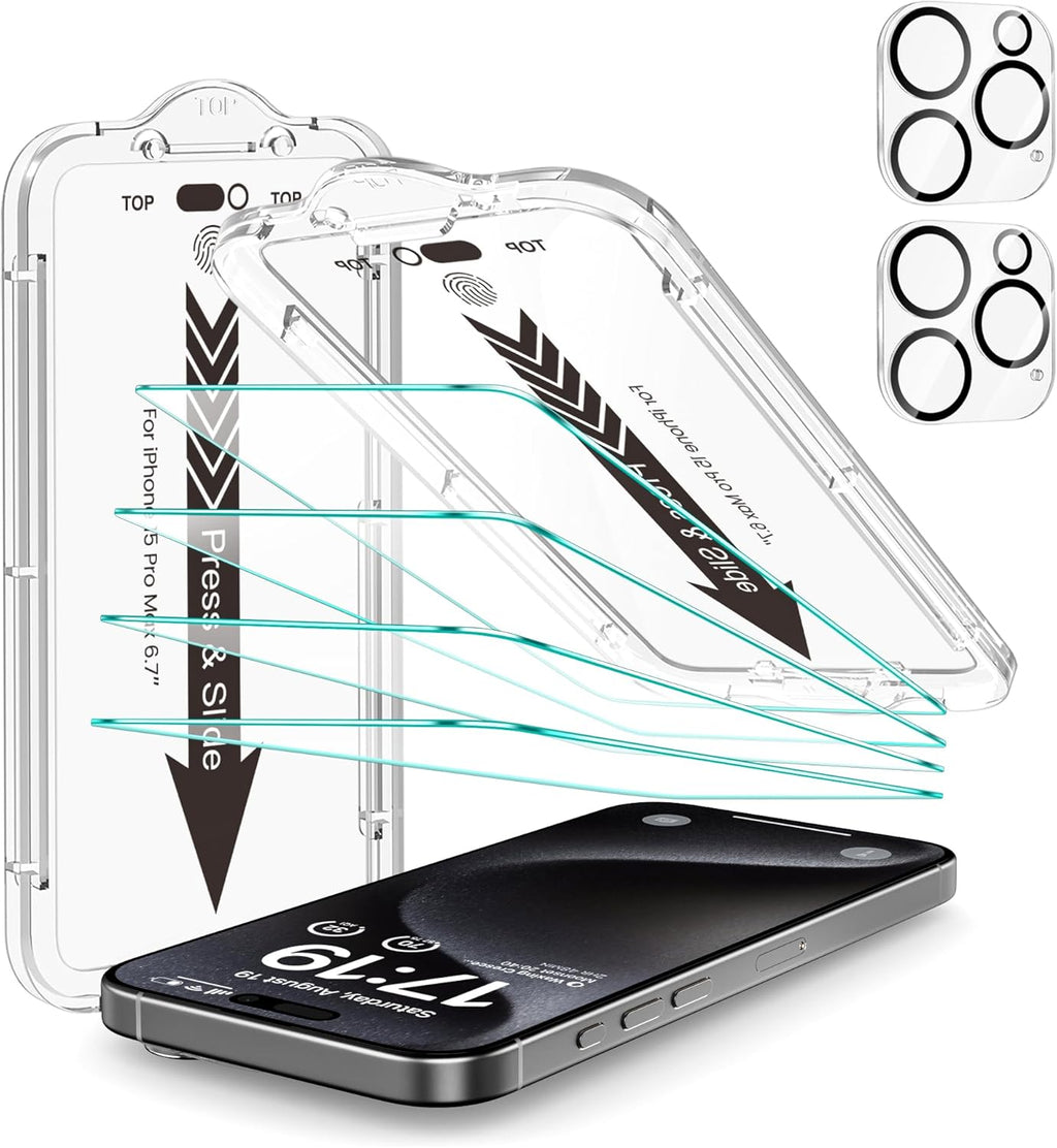 EZ-GLAZ- 4 Pack for iPhone 15 Pro Max Screen Protector [6.7"] With 2 Pack Camera Lens Protector, 9H+ Hardness 12FT Military Grade Shatterproof Scratch Resistant Durable Tempered Glass Film with Flawless Fit Kit, HD Clear