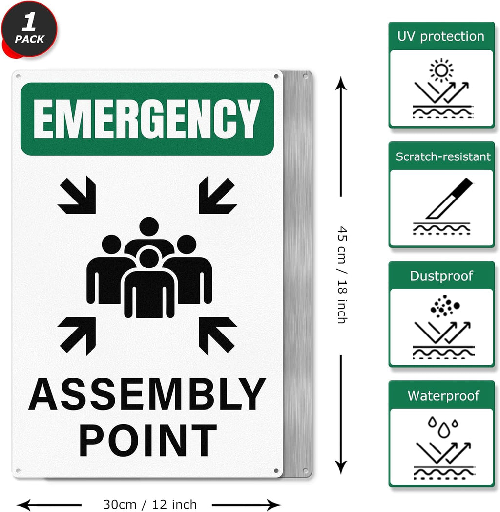 Emergency Assembly Point Sign with Pre-Drilled Holes 18 × 12 Inches Reflective Aluminum Waterproof Signage for Warehouse School Hospital