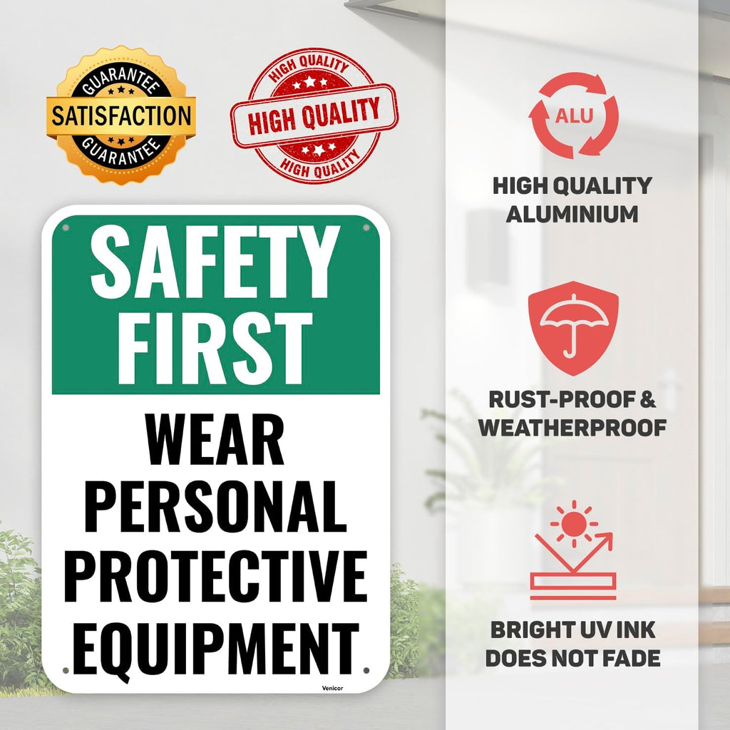 1PC Safety Sign, 14 x 10 Inches - Aluminum - Safety Decorations Posters For Workplace - Wear Personal Protective Equipment
