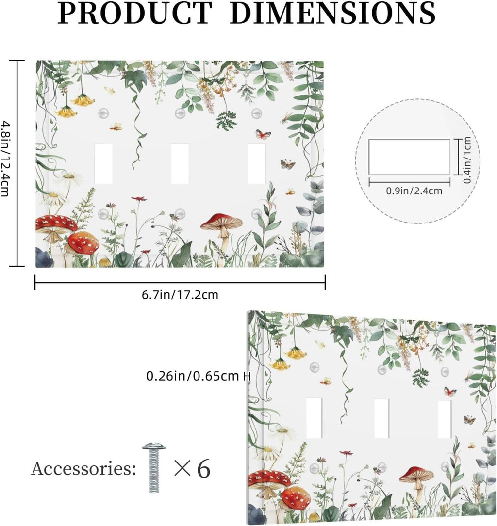 Decorative Switch Plates Sage Plant Red Mushroom Butterfly Wild Flower 3 Gang Wall Plate Triple Toggle Light Switch Cover Faceplate Electrical Wall Panels For Bed Room Kids Room Decor