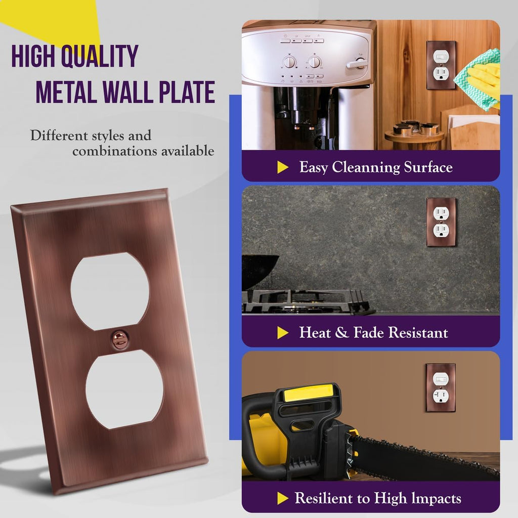 ENERLITES Duplex Receptacle Metal Wall Plate, Stainless Steel Outlet Cover, Corrosion Resistant, Standard Size 1-Gang 4.50" x 2.76", Stainless Steel 201, 7721-AC, Antique Copper