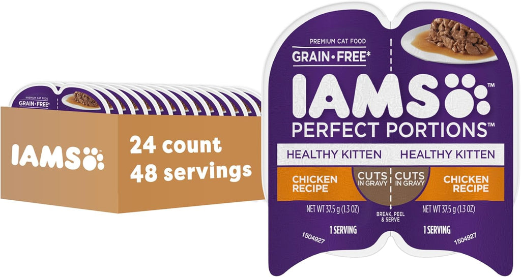 IAMS Perfect Portions Healthy Kitten Grain Free Wet Cat Food Cuts in Gravy, Chicken Recipe, 2.6 oz. Easy Peel Twin-Pack Trays (24 Count, 48 Servings)