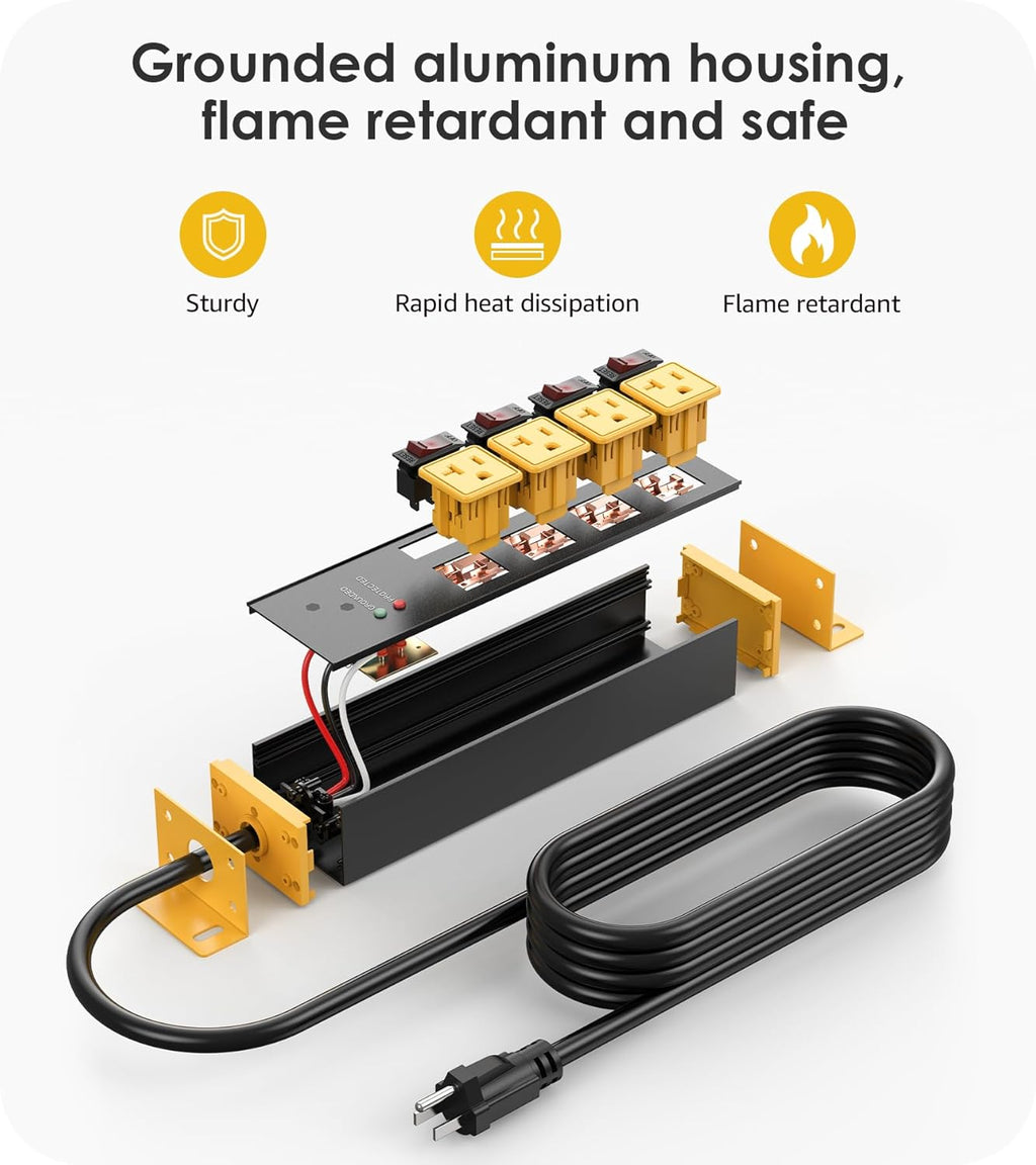 CCCEI Heavy Duty Surge Protector Power Strip 20 Amp Individual Switches. 6FT 12 Gauge Extension Cord with Multiple Outlets. Kitchen, Garage, Shop, Industrial Wall Mount Electric Extender, Yellow.