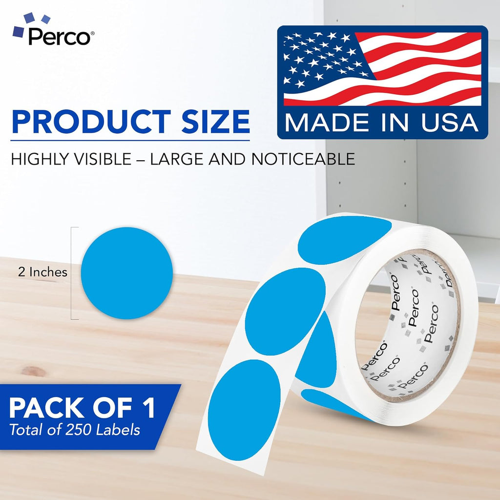 Perco Light Blue 2-Inch Perforated Circle Dot Sticker Labels — 250 Round Stickers Per Roll — with Permanent Adhesive for Organizing, Color Coding, Bin Labeling, Packaging Alerts — Made in USA