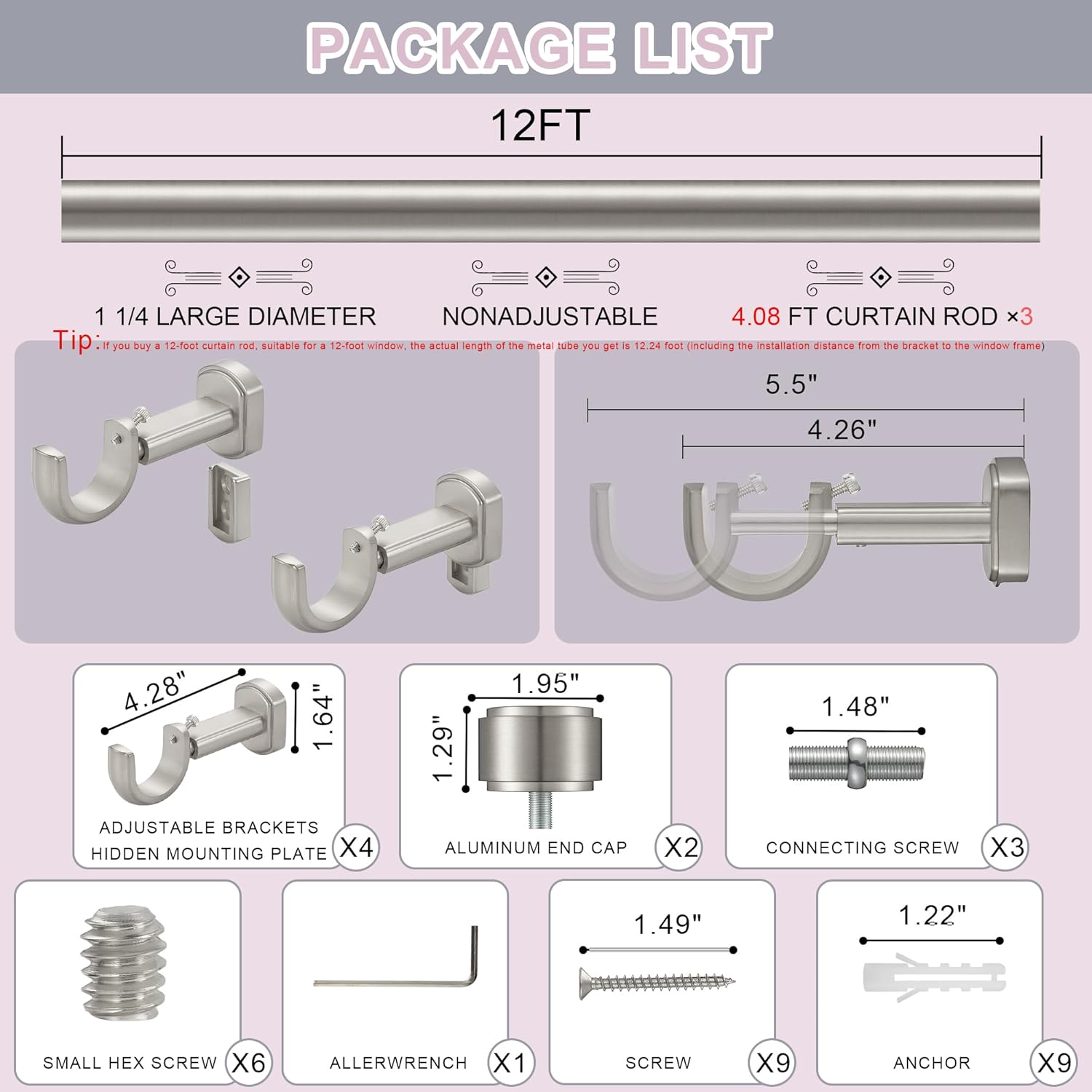 Heavy Duty Curtain Rods,1 1/4" Large Diameter Premium Nonadjustable Curtain Rod,144in/12ft Custom Window Treatment Rods with Durable Aluminum Brackets and End Caps,Brushed Nickel Finish
