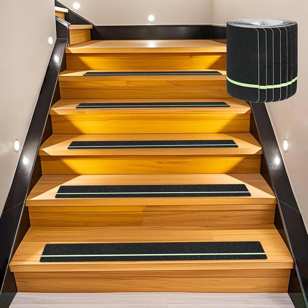 15-Pack Anti Slip Traction Tape 24" x 6" Best Grip Tape Grit with 6mm/0.24" Glow in Dark Stripe High Traction Friction Abrasive Adhesive for Indoor/Outdoor Stairs[Black+Green]
