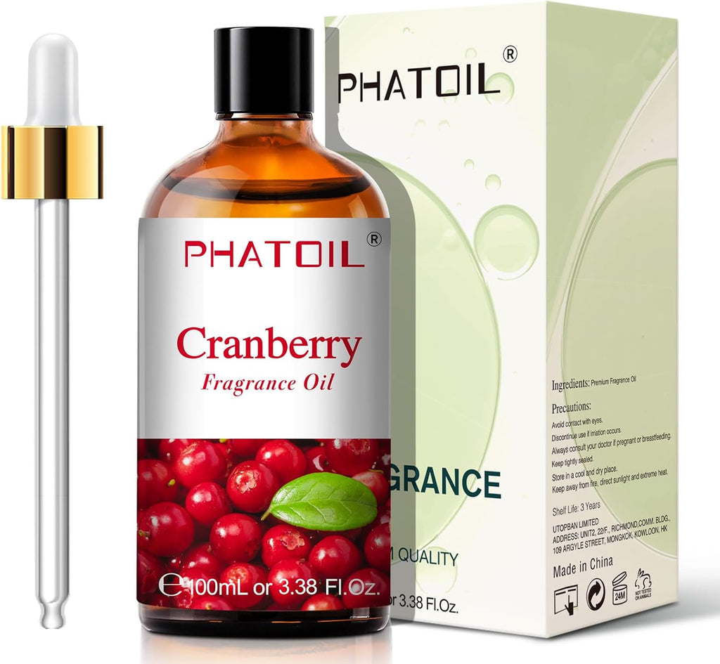 PHATOIL 3.38FL.OZ Cranberry Fragrance Oils for Aromatherapy, Essential Oils for Diffusers for Home, Perfect for Diffuser, Yoga, Skin Care, DIY Candle and Soap Making - 100ml