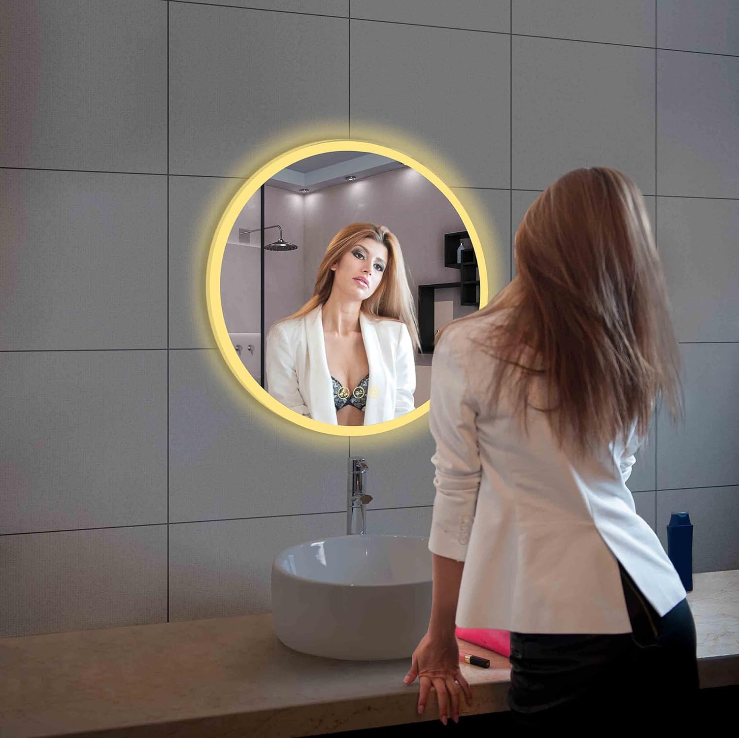 Blossom 24 Inches Large Modern LED Round Bathroom Vanity Mirror, Color Temperature Adjustable, Anti-Fog Dimmable Lights, Easy to Install, Wall Mounted Makeup Mirror with Smart Touch Button