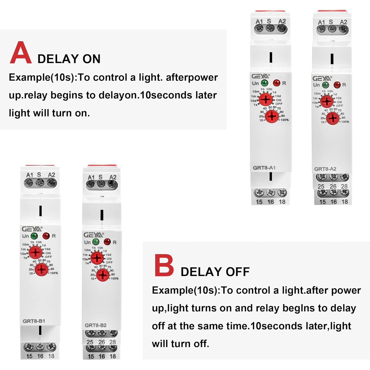 GEYA Delay On Single Function Time Relay 2 Outputs 16A Electronic Adjustable Power ON Timer Delay Relay Rail Modular(GRT8-A2,AC/DC12V-240V)
