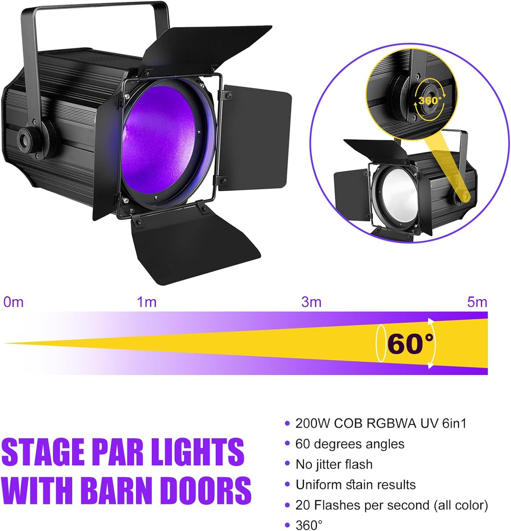 COB Stage Lights with Barn Doors, COB Par Light 200W LED RGBWAUV DMX512 Master-Slave Sound DJ Lighting Spotlight Fresnel for Church Concert Wedding (6-Colors Style, 2)