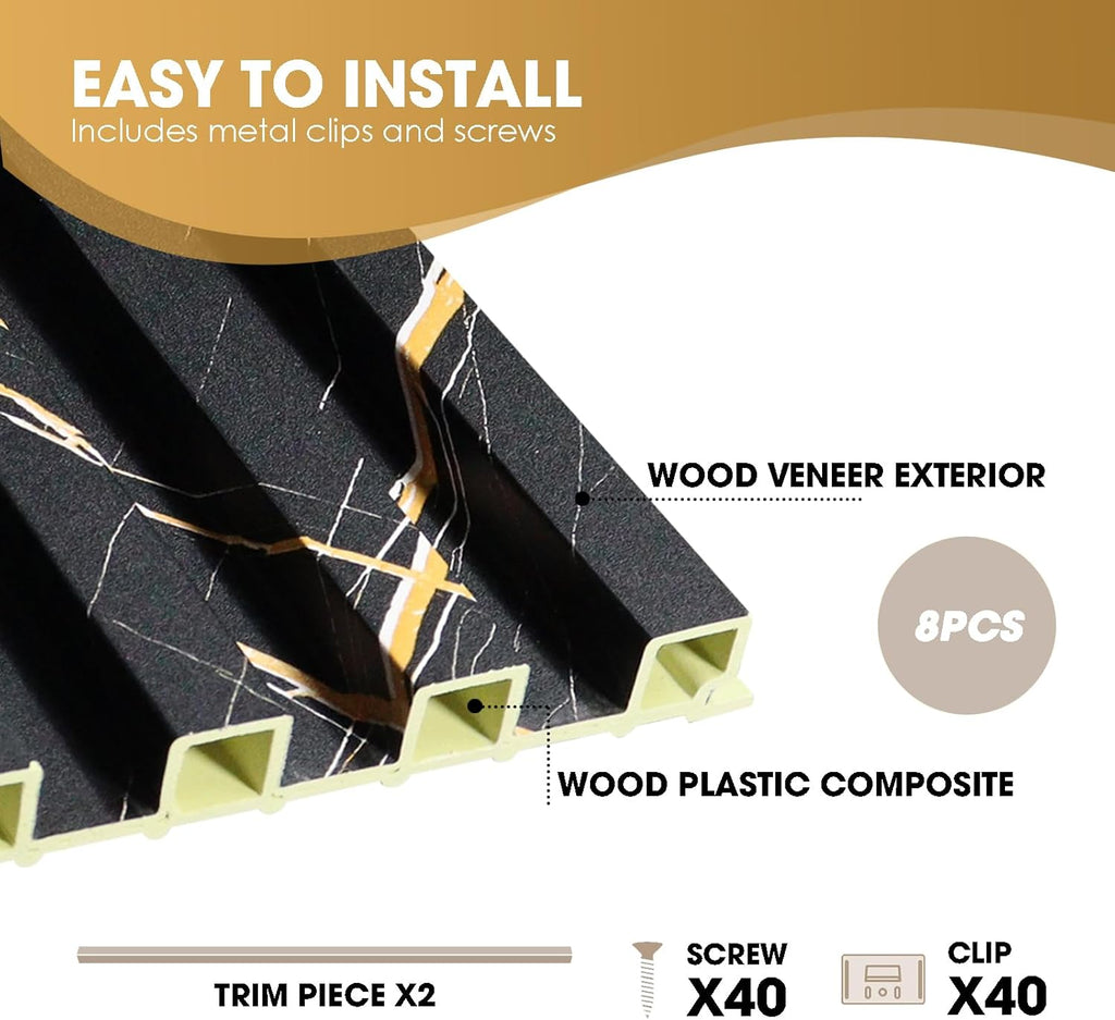 OUZUGIE WPC Acoustic Slat Wall Paneling, 8-Pack 96 x 6 Inches 3D Wall Panels for Interior Wall Decor,Living Room,TV Background,Study Room,Office Spaces,Bedroom,High Grille (Black Marble)