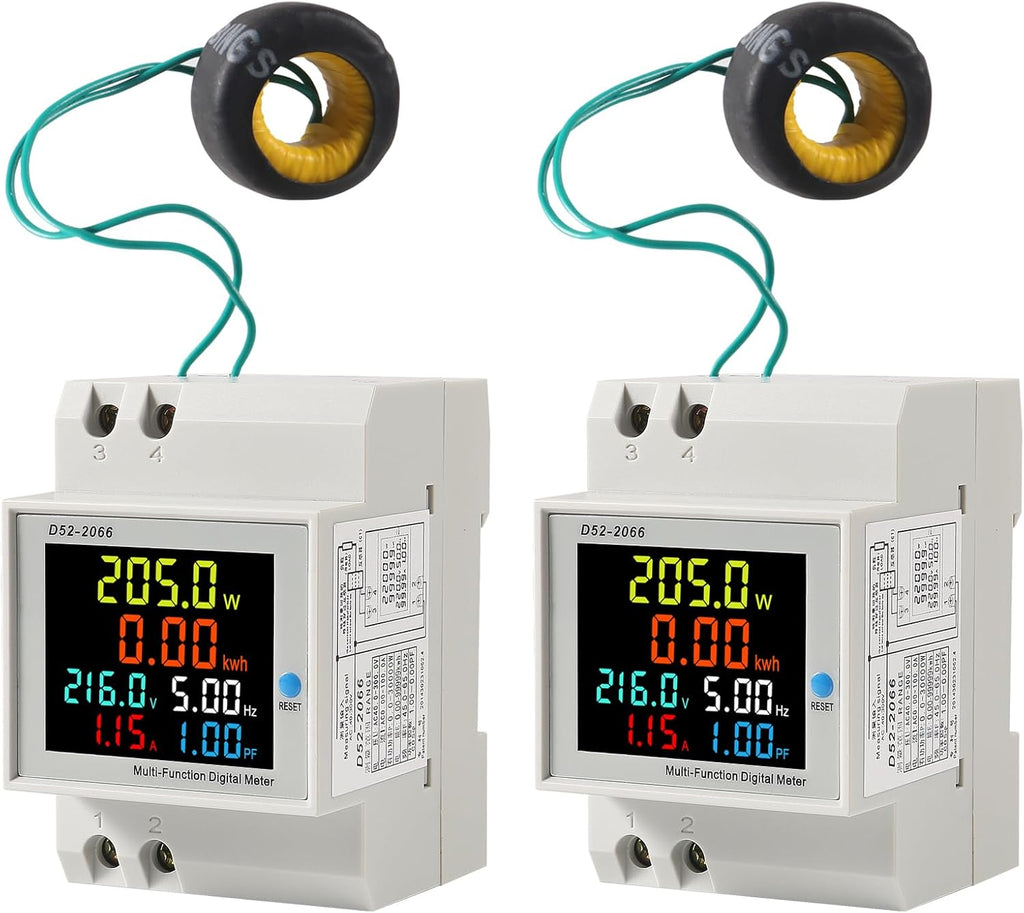 2Pack Single Phase Energy Meter Din Rail Electricity Usage Monitor AC 40-300V 100A Voltmeter Ammeter Watt Kwh Frequency Power Meter External CT 110V