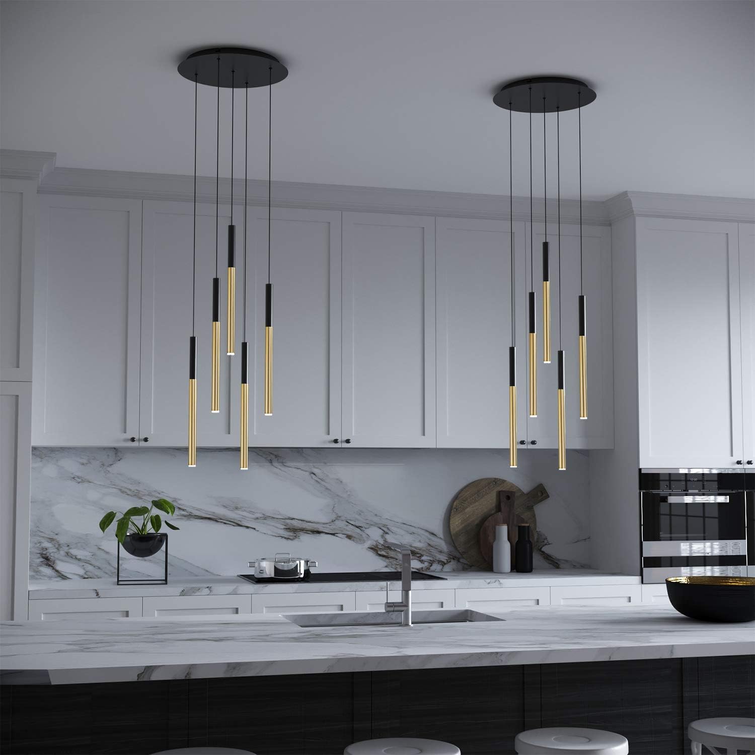 ALTAIR 5 Mini Pendant Lighting Black-Brass - LED Hanging Light Fixture for Kitchen Island, Bar, Foyer - Cluster Pendants - Dimmable, Adjustable Wire, Lamp Bulb Included