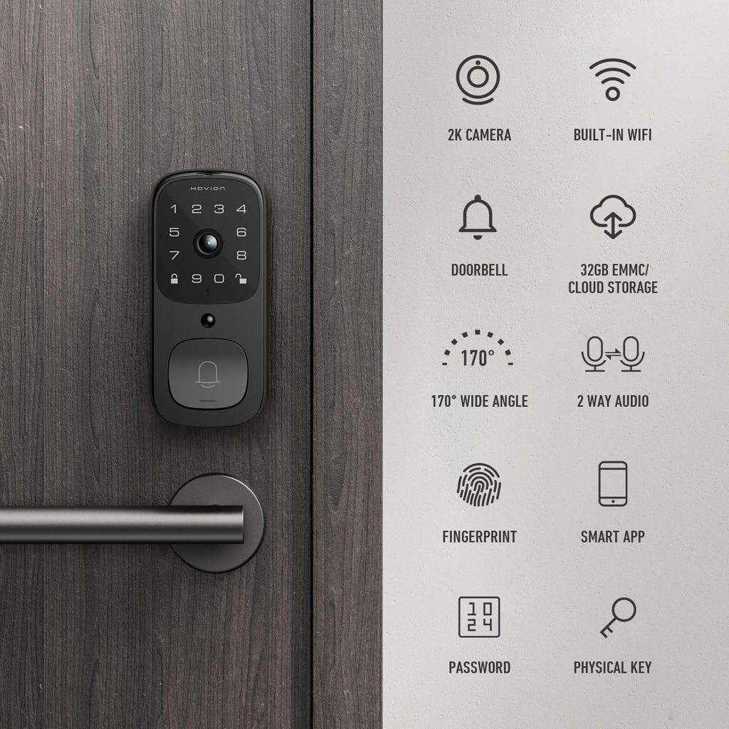 Havion Deadbolt Smart Lock w/Camera - Incl. Chime, 3-in-1 Wi-Fi Deadbolt+Camera+Video Doorbell Keyless Fingerprint Lock for Entry Front Door, 32GB eMMC, 10000mAh, 2K QHD & 170° View