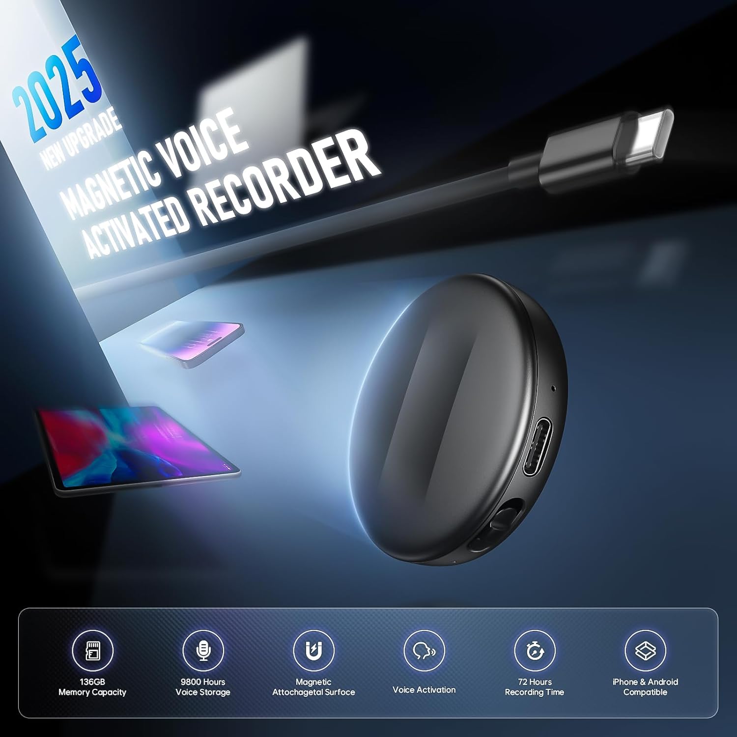 136GB(9800Hours) Magnetic Voice Activated Recorder - Recording Device with AI-Intelligent Triple Noise Reduction, Portable Dictaphone Digital Voice Recorder with Playback for Lecture Meeting Interview